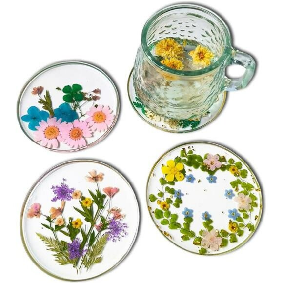 Handmade resin flower drink coasters set of 4 round pressed floral cup mats deco - Picture 1 of 7